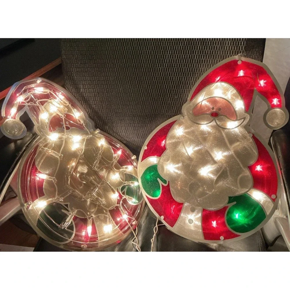 Set Of 2 Vintage Plastic Santa Window Lights, Stain Glass Lime, Tested And Works